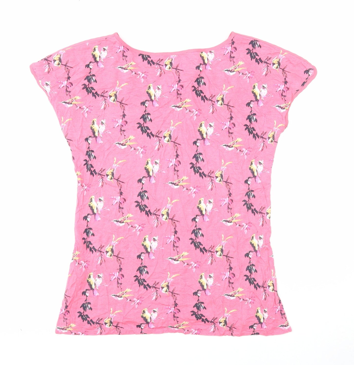 Oasis Womens Pink Geometric Viscose Basic T-Shirt Size XS Boat Neck - Bird Pattern