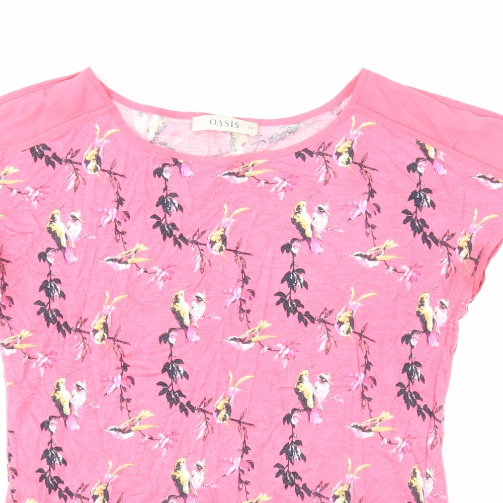 Oasis Womens Pink Geometric Viscose Basic T-Shirt Size XS Boat Neck - Bird Pattern
