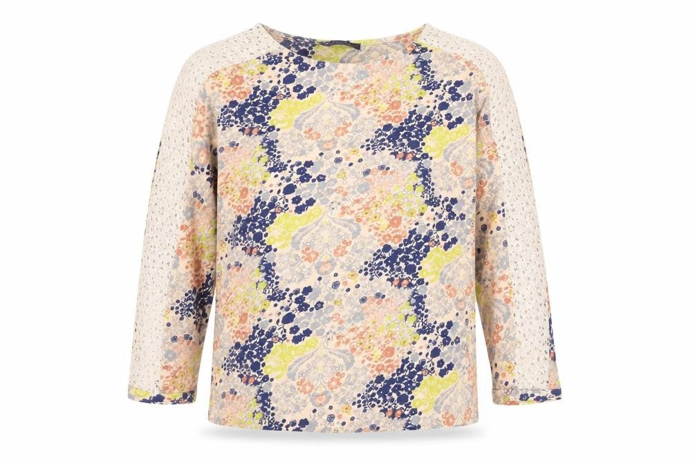 Marks and Spencer Womens Multicoloured Floral Cotton Basic Blouse Size 14 Boat Neck - Lace Sleeve Detail