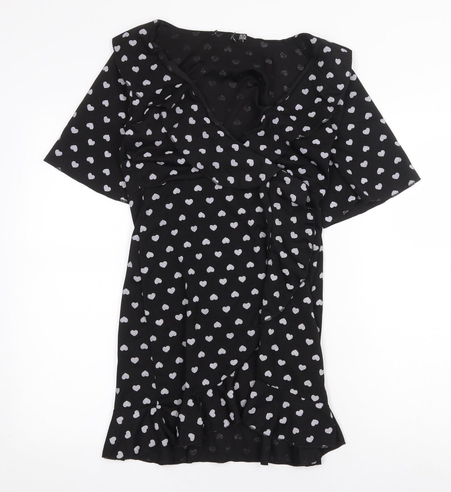 Preworn Womens Black Geometric Polyester Wrap Dress Size 10 V-Neck Pullover - Heart Pattern