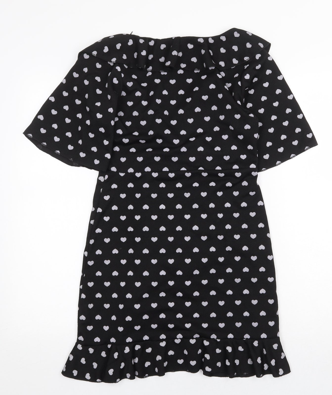 Preworn Womens Black Geometric Polyester Wrap Dress Size 10 V-Neck Pullover - Heart Pattern