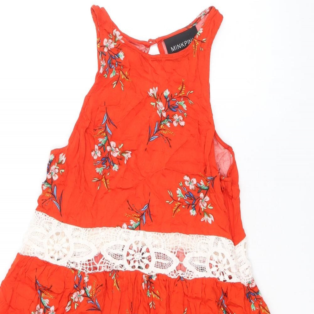 MINKPINK Womens Red Floral Viscose Fit & Flare Size S Scoop Neck Button
