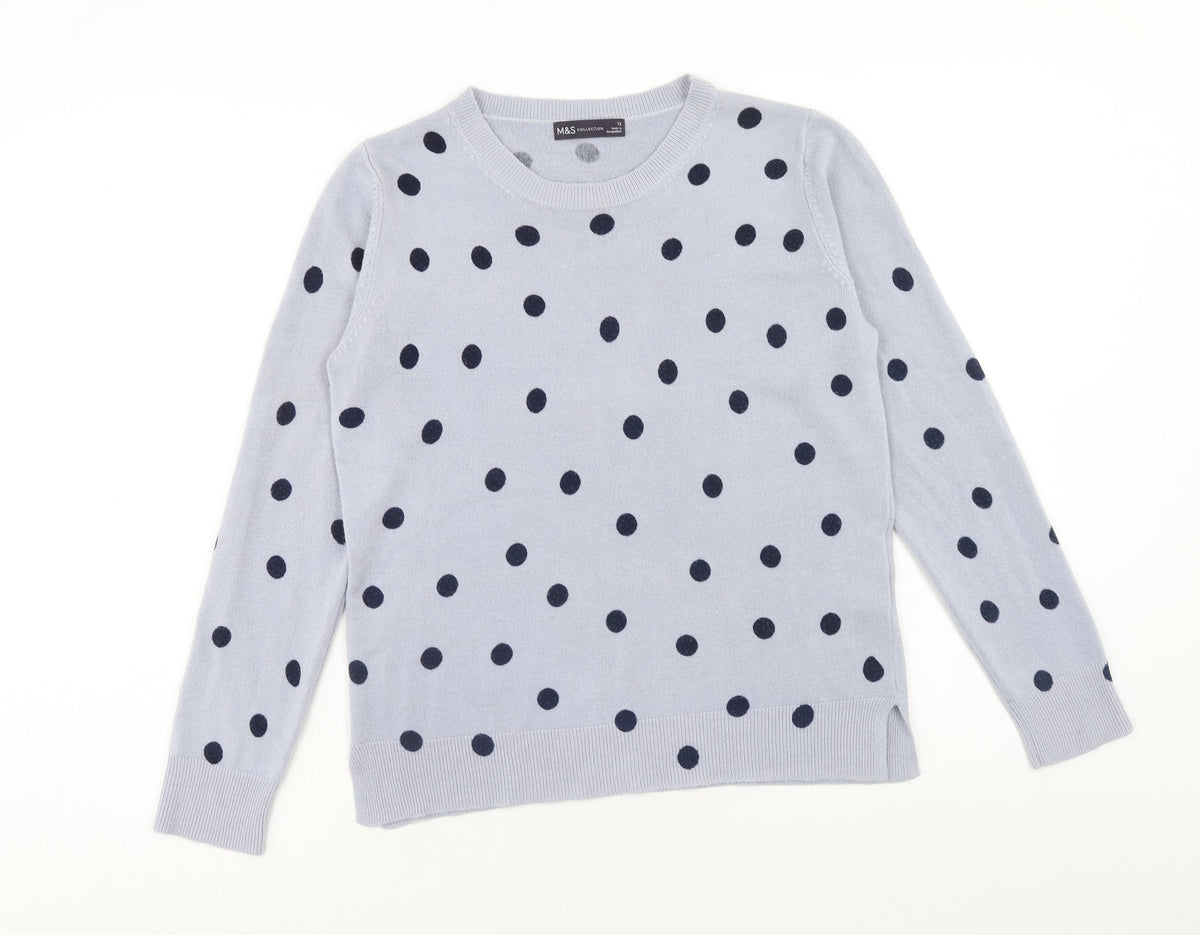 Marks and Spencer Womens Blue Round Neck Polka Dot Acrylic Pullover Jumper Size 12