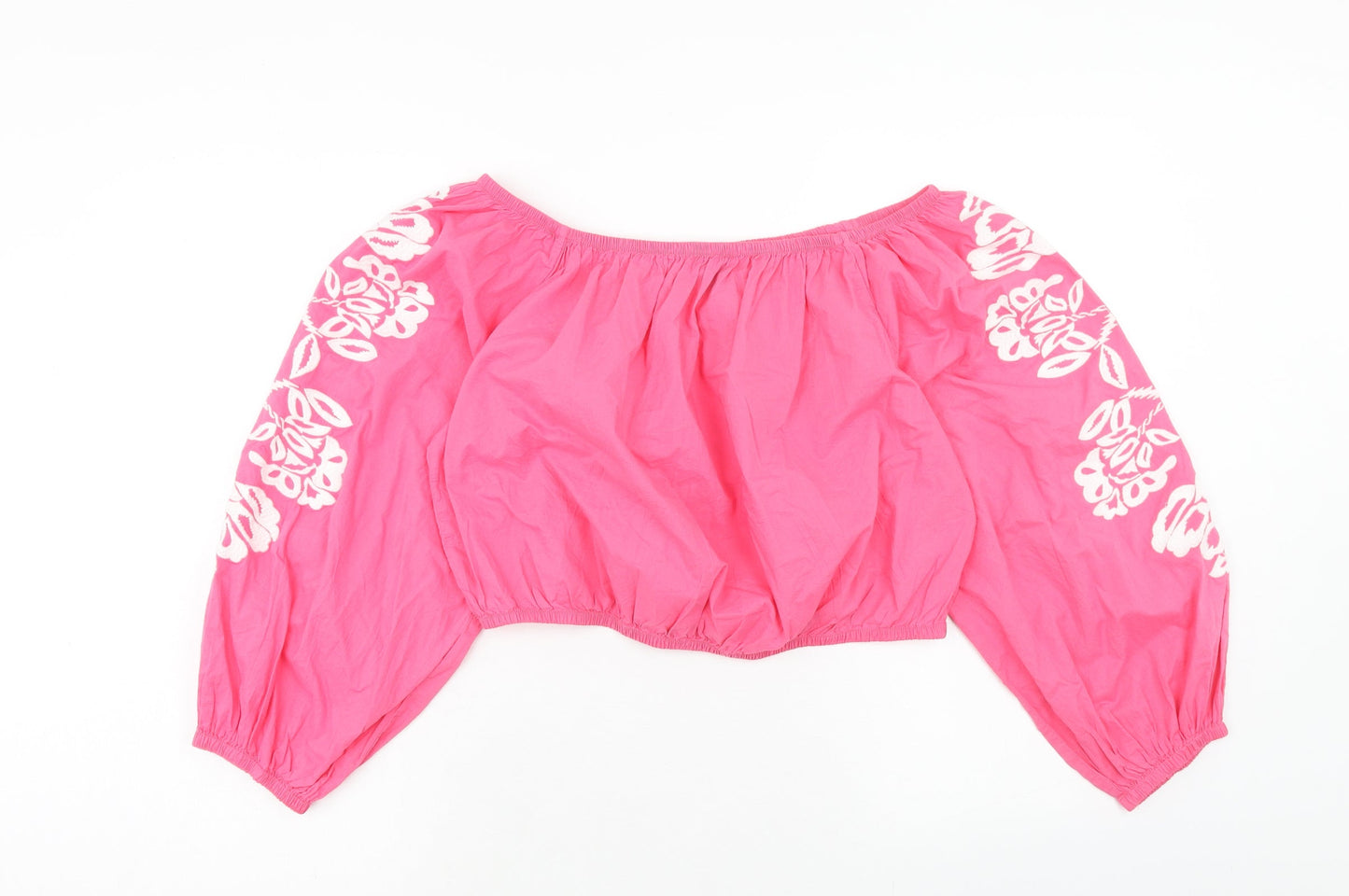 Marks and Spencer Womens Pink Cotton Cropped Blouse Size 18 Boat Neck - Flower Detail