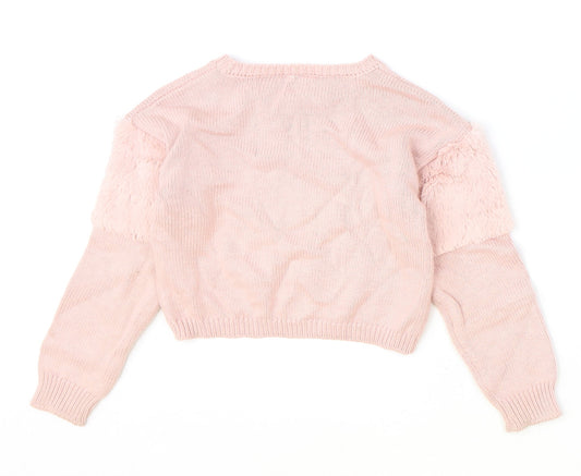 Preworn Girls Pink Round Neck Cotton Pullover Jumper Size 5-6 Years Pullover