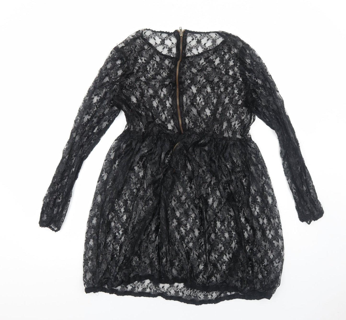 Preworn Womens Black Floral Polyester Skater Dress Size M Round Neck Zip