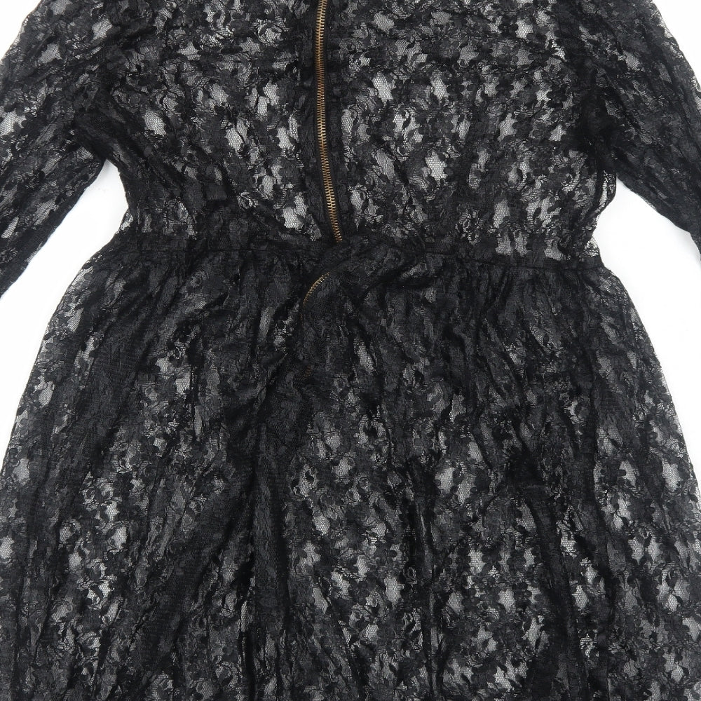 Preworn Womens Black Floral Polyester Skater Dress Size M Round Neck Zip