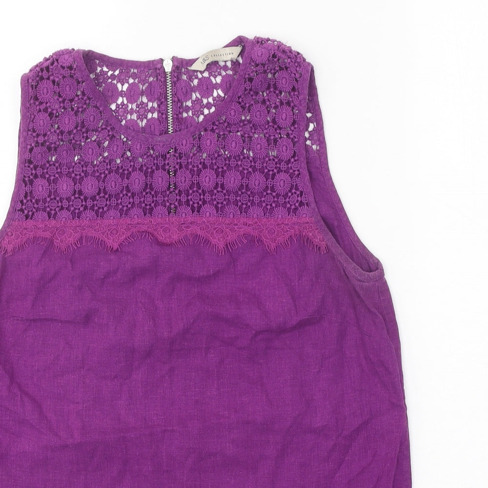 Marks and Spencer Womens Purple Linen Basic Blouse Size 8 Boat Neck - Crocheted Lace Detail