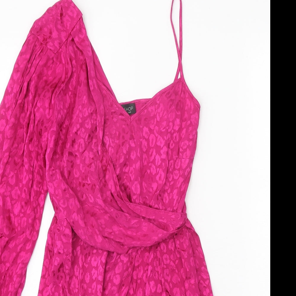 Topshop Womens Pink Animal Print Viscose Mini Size 8 One Shoulder Zip - Leopard Print