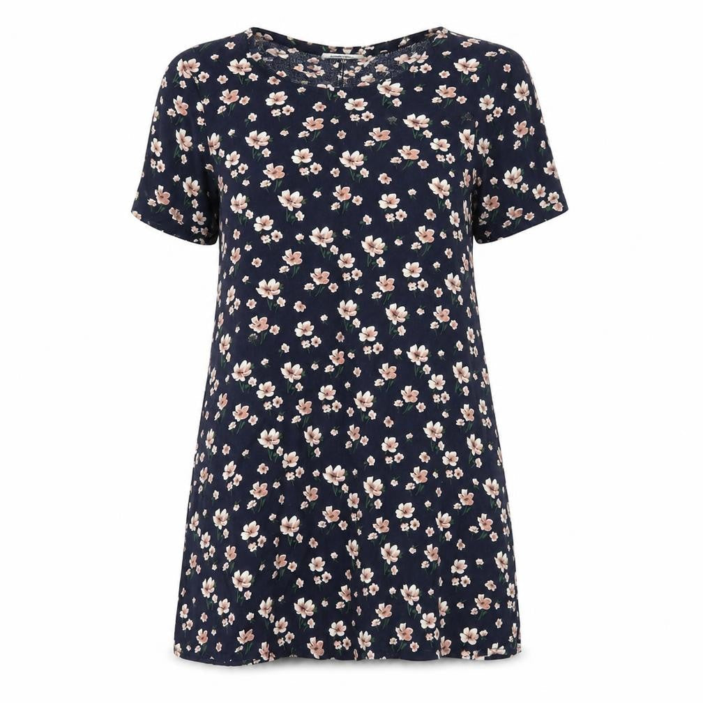 Glamarous Womens Blue Floral Polyester Tunic T-Shirt Size XS Round Neck