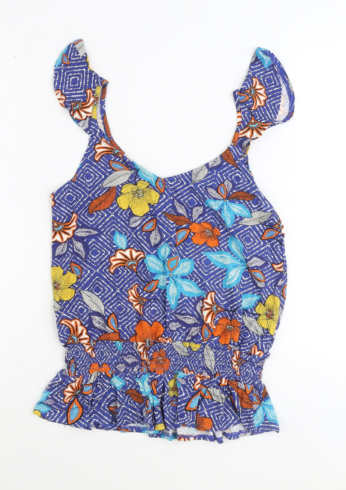 Preworn Womens Blue Geometric Viscose Basic Tank Size 8 V-Neck - Floral