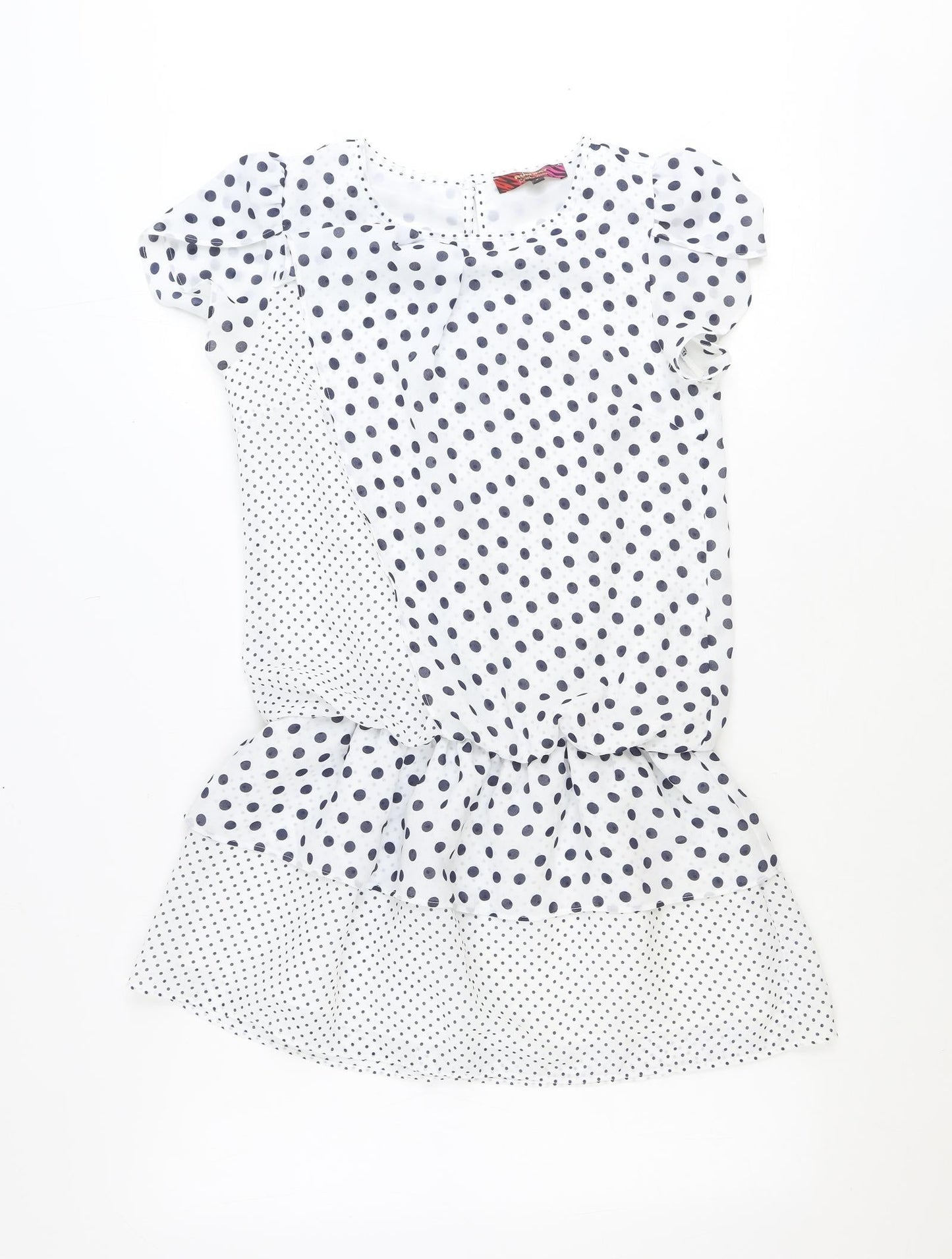 NEXT Womens White Polka Dot Polyester A-Line Size 8 Round Neck Button