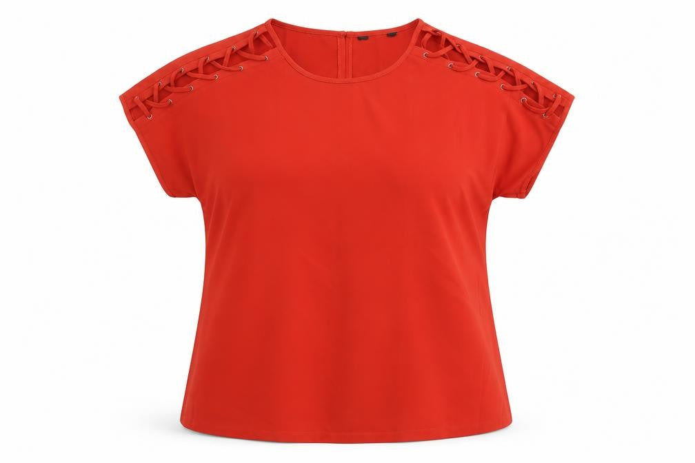 Avon Womens Red Polyester Basic T-Shirt Size 14 Scoop Neck - Lace Up Sleeve Detail