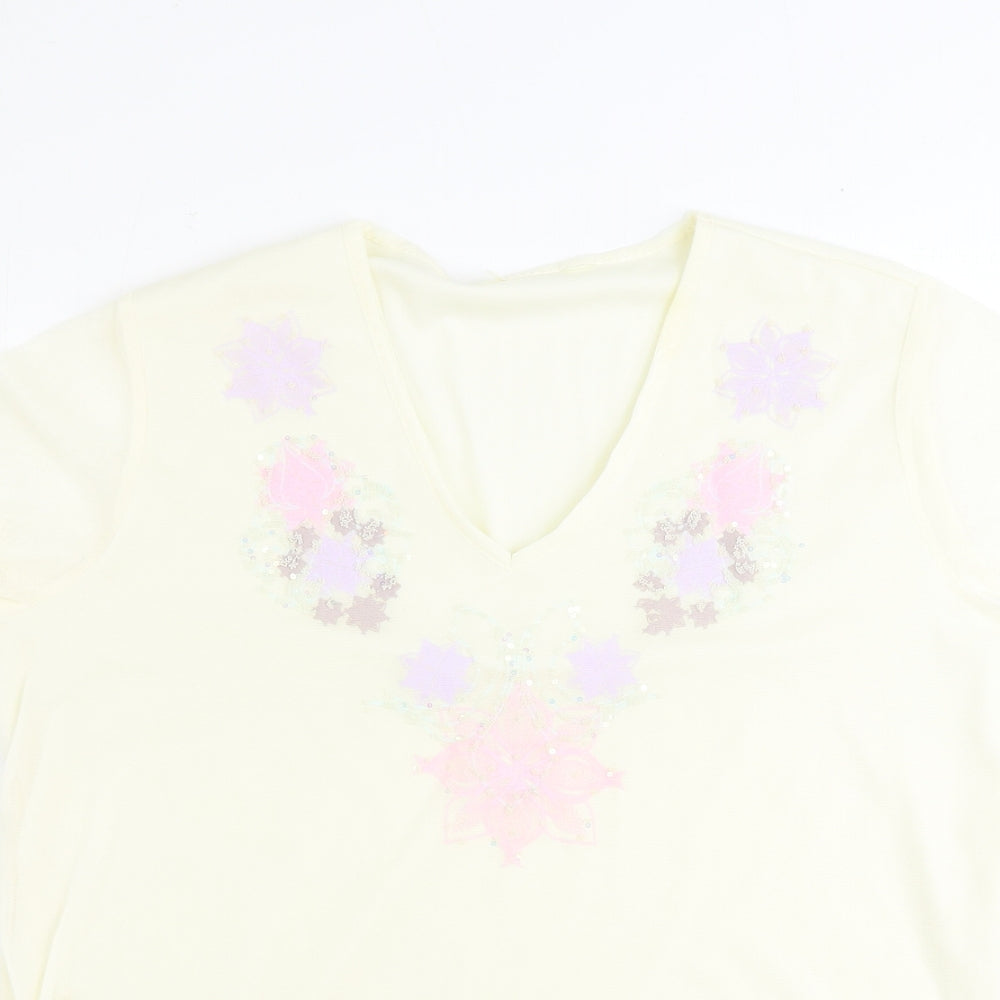 Preworn Womens Yellow Polyester Basic T-Shirt Size 14 V-Neck