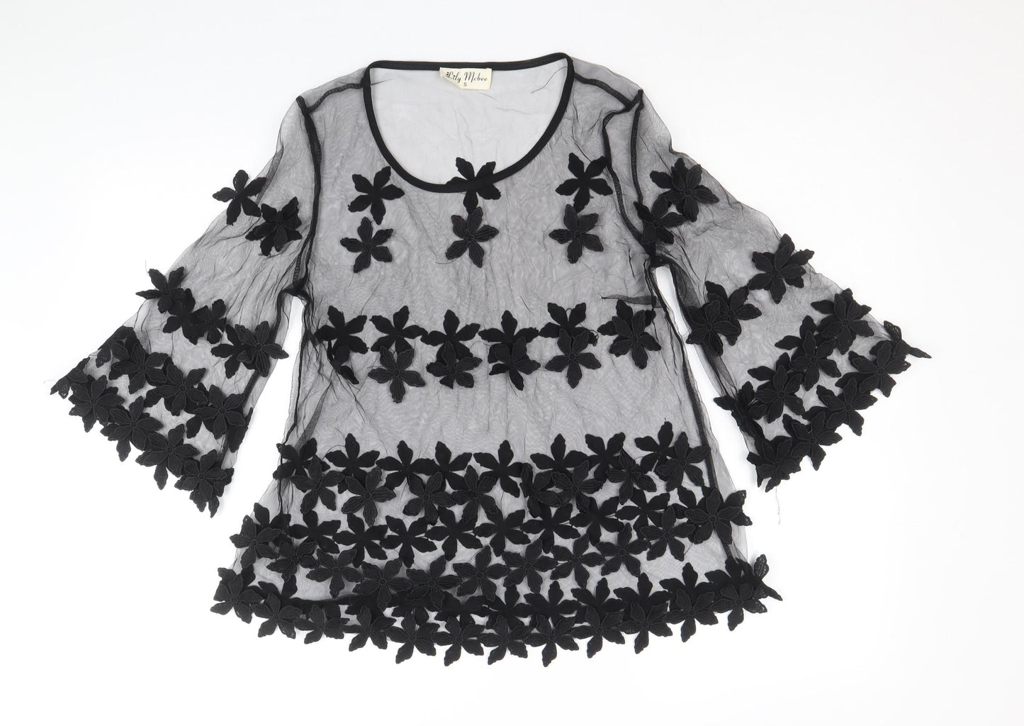 Lily McBee Womens Black Floral Polyester Basic Blouse Size S Round Neck