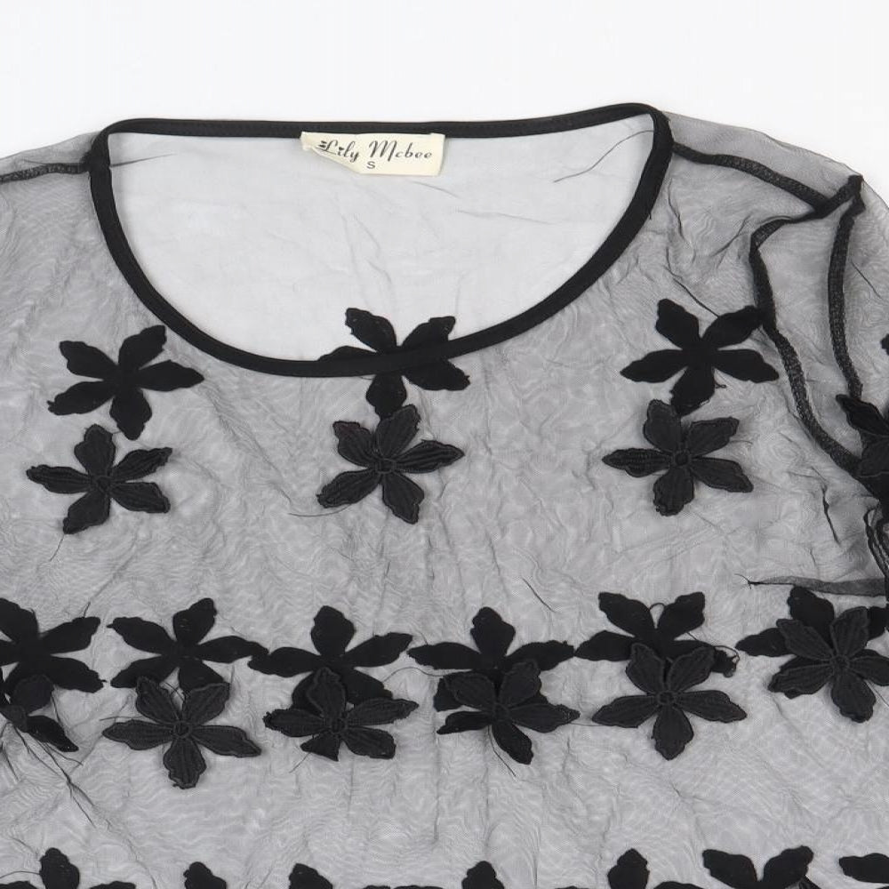 Lily McBee Womens Black Floral Polyester Basic Blouse Size S Round Neck