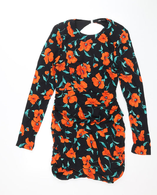 Zara Womens Multicoloured Floral Polyester Mini Size M Round Neck Zip - Cut Out Back Detail