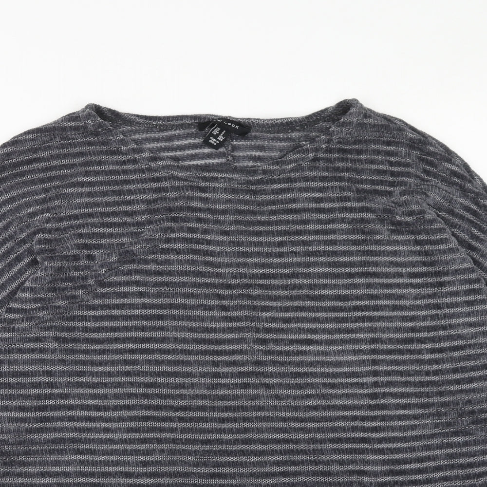 New Look Womens Grey Round Neck Striped Polyester Pullover Jumper Size S