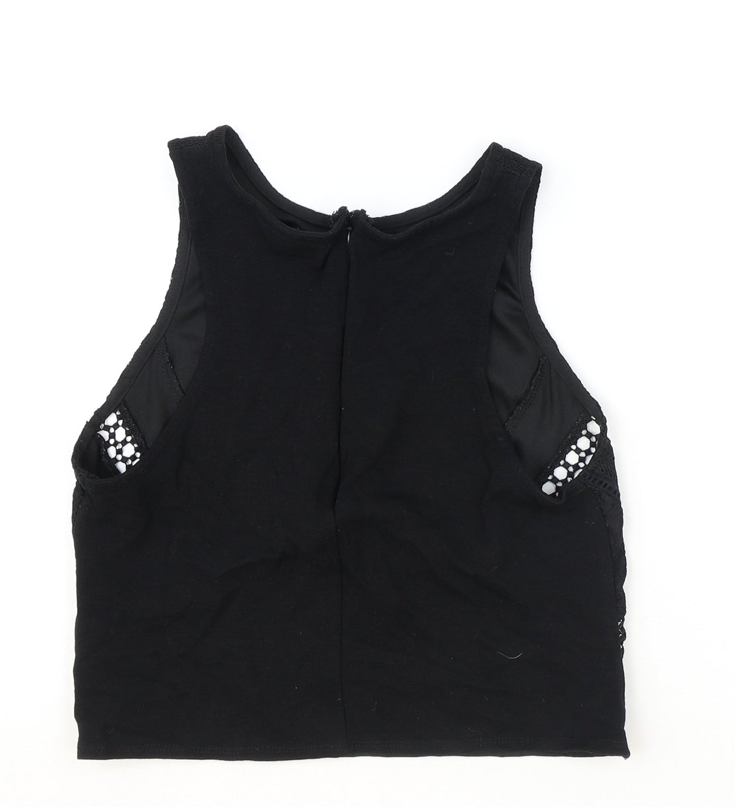 Topshop Womens Black Geometric Polyester Basic Tank Size 8 Round Neck - Lace Detail