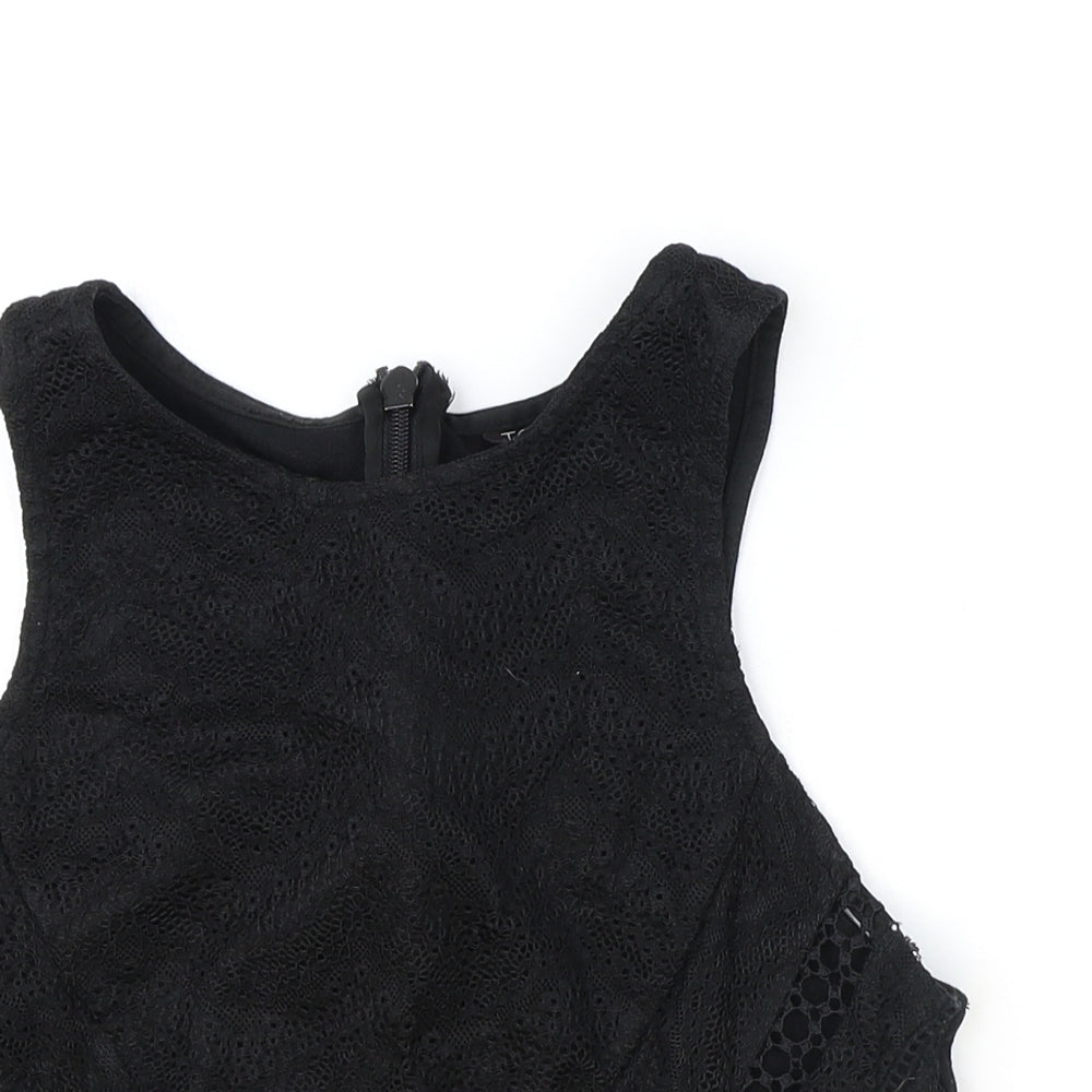 Topshop Womens Black Geometric Polyester Basic Tank Size 8 Round Neck - Lace Detail