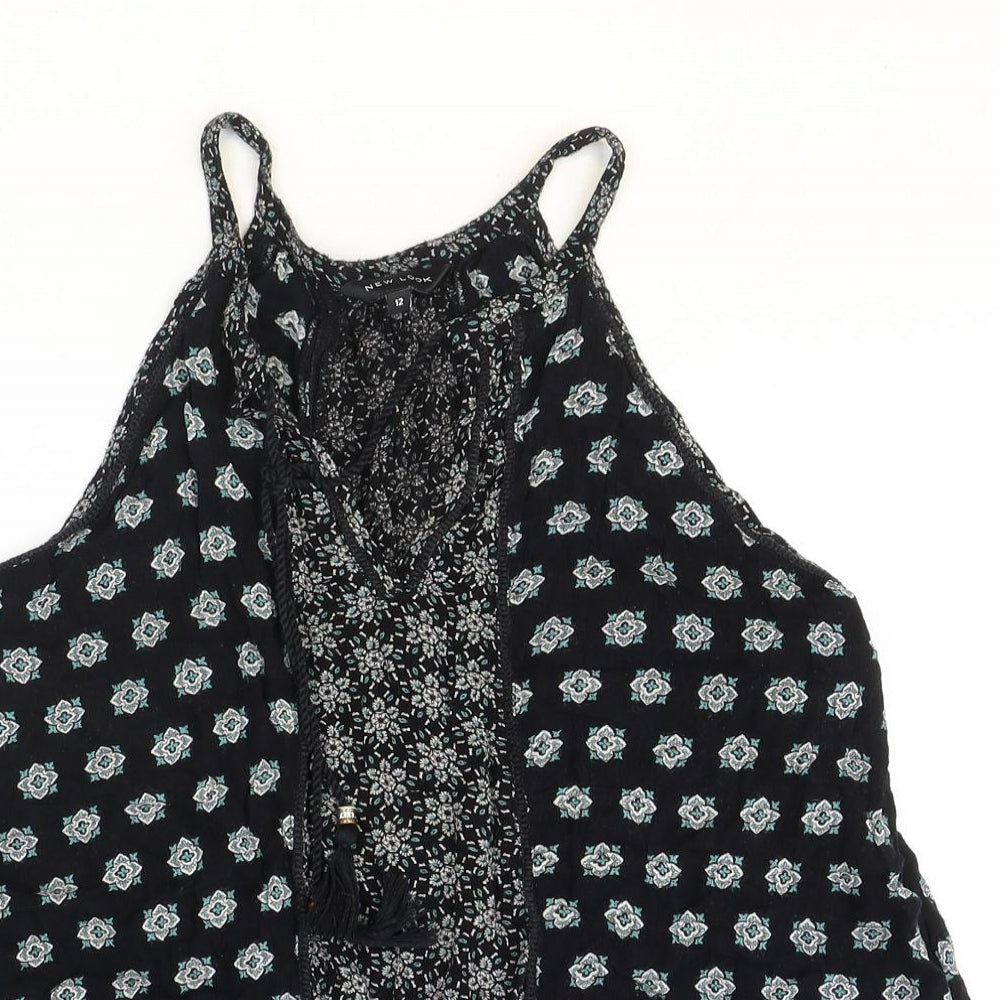 New Look Womens Black Geometric Viscose Basic Blouse Size 12 Round Neck