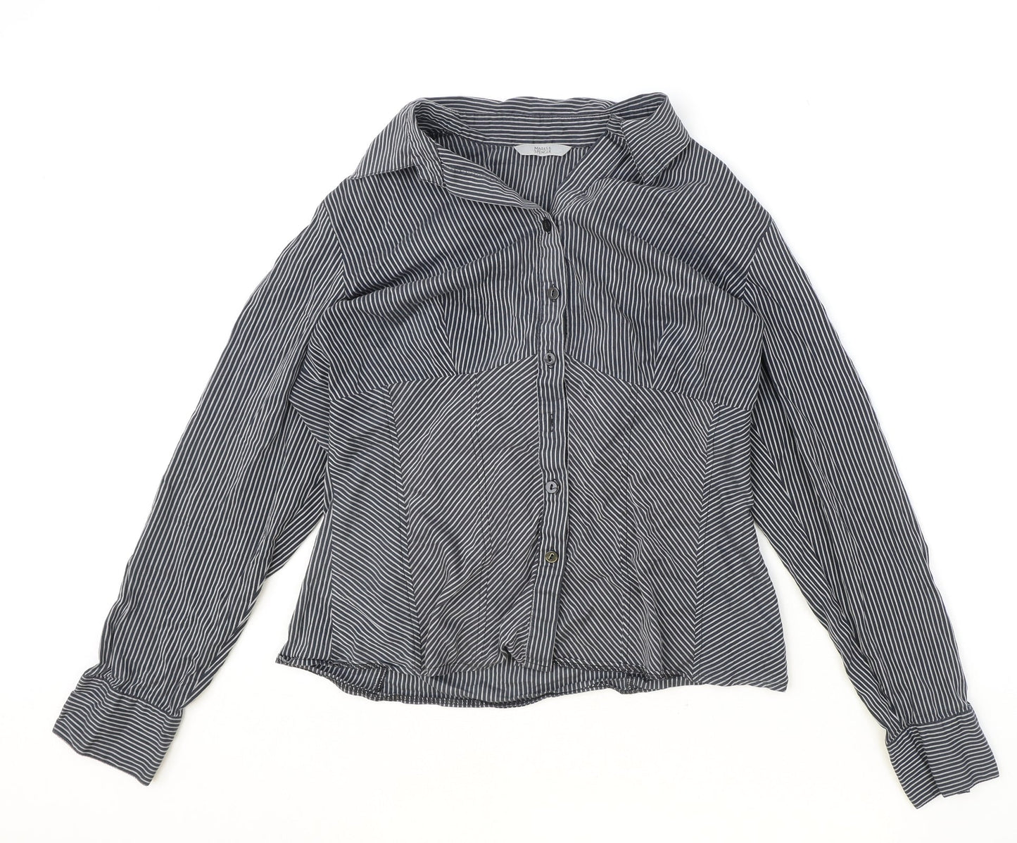 Marks and Spencer Womens Black Striped Viscose Basic Button-Up Size 14 V-Neck
