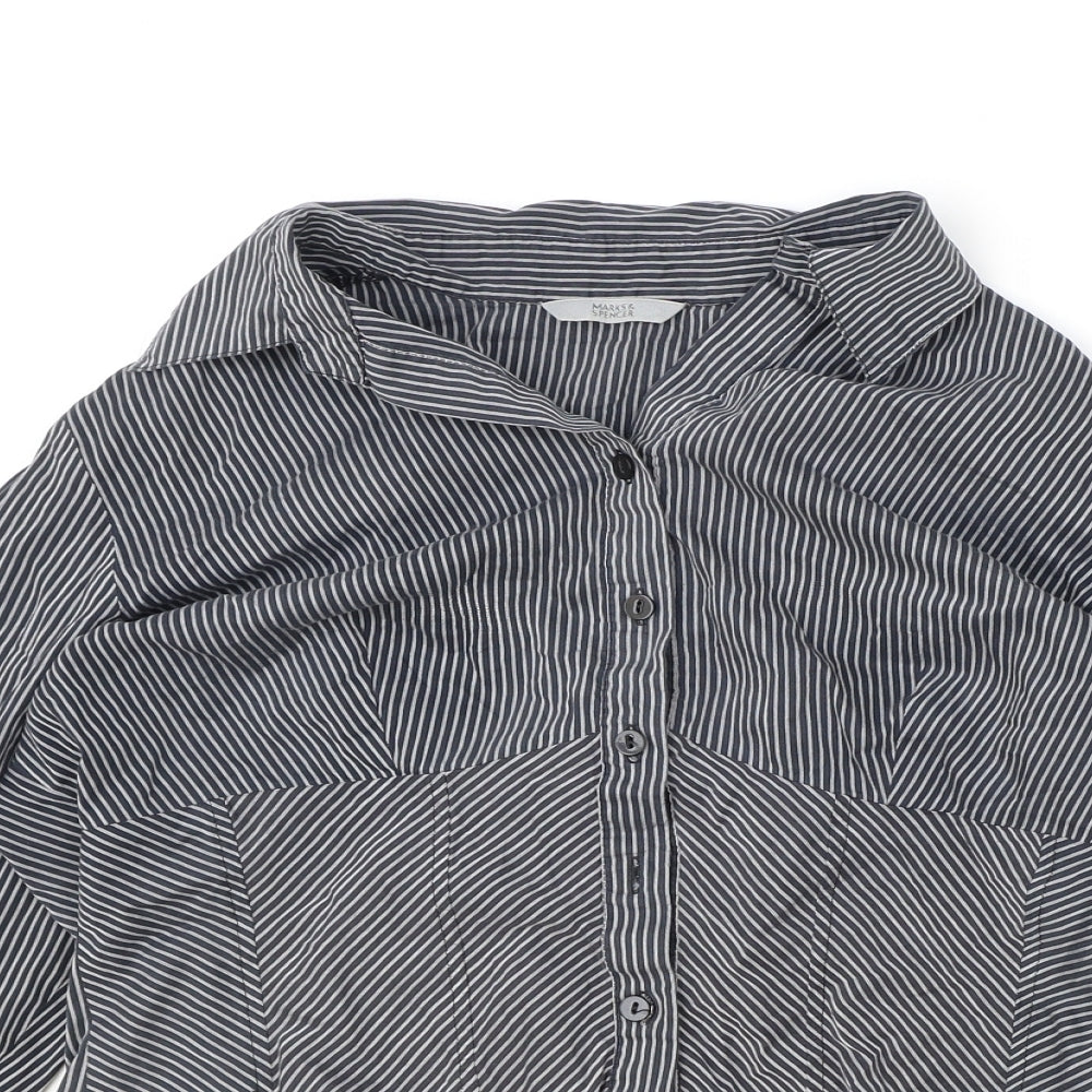 Marks and Spencer Womens Black Striped Viscose Basic Button-Up Size 14 V-Neck