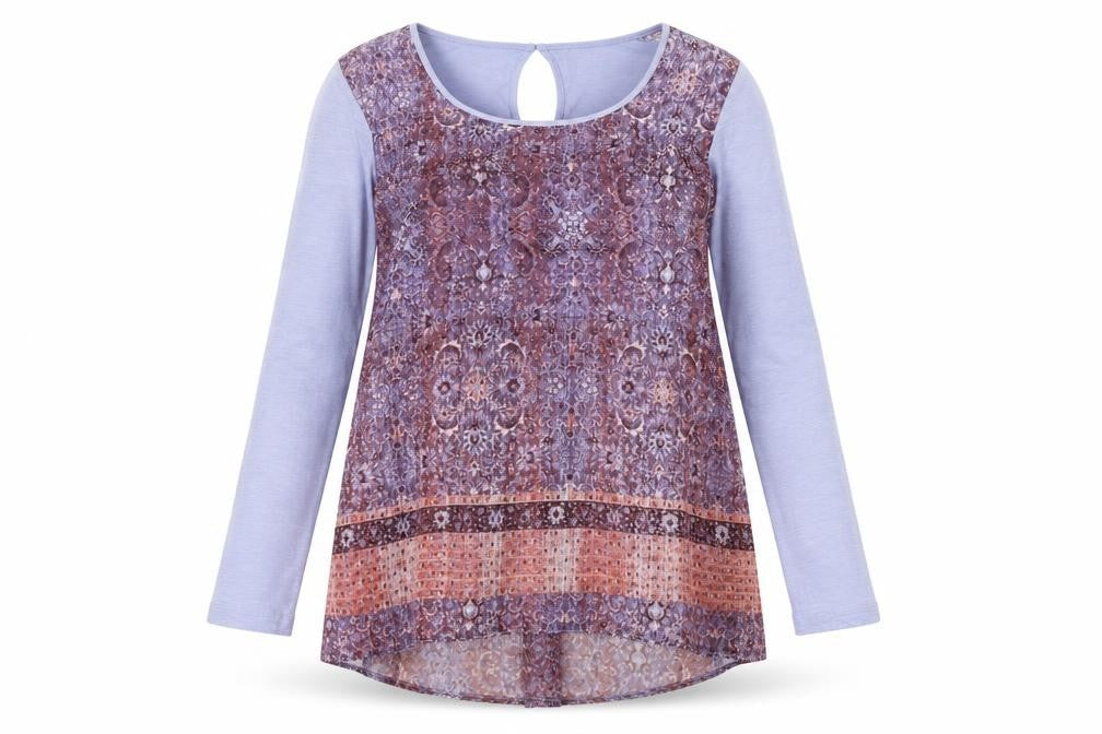 MiracleBody Womens Blue Geometric Polyester Tunic Blouse Size S Round Neck