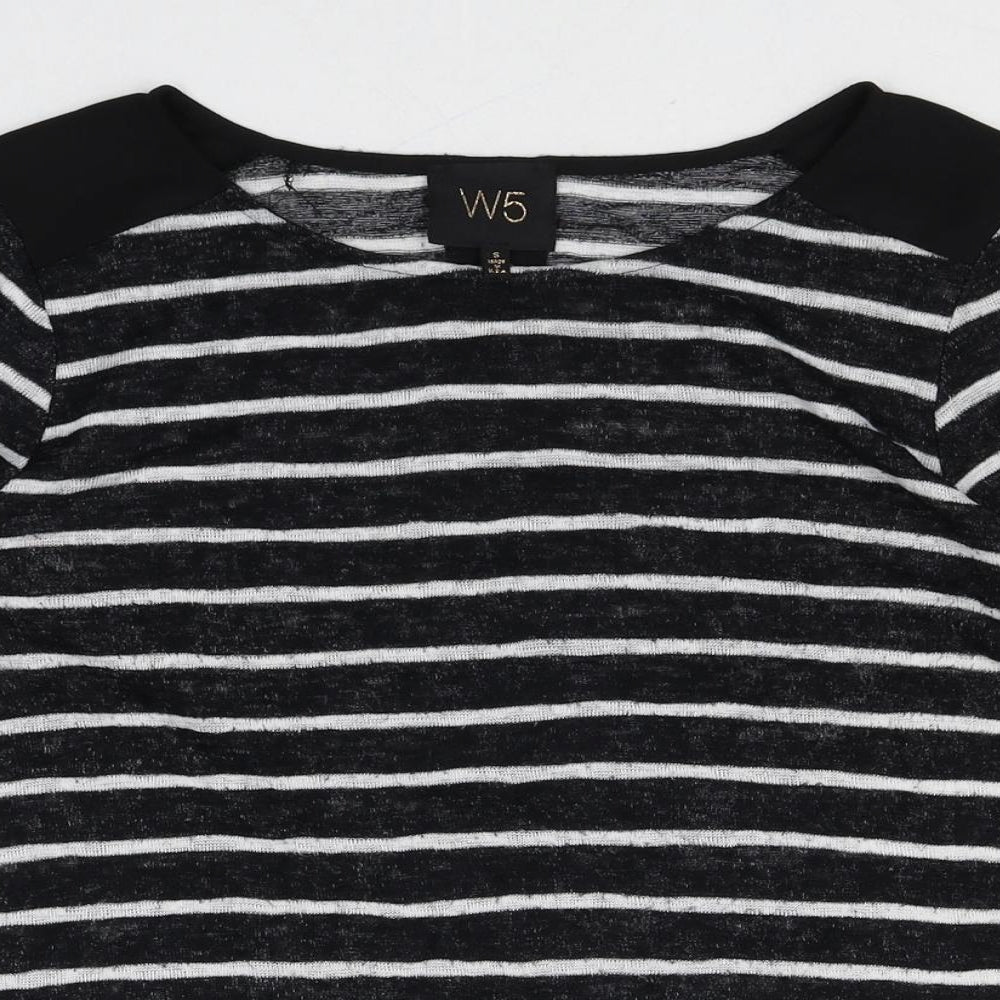 W5 Womens Black Striped Viscose Basic T-Shirt Size S Round Neck