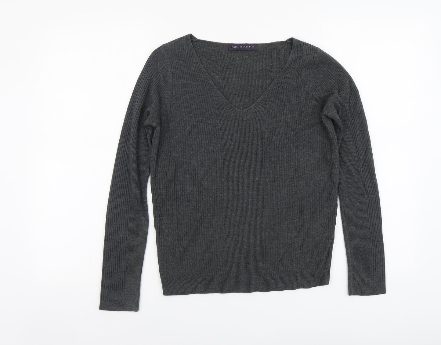 Marks and Spencer Womens Grey V-Neck Acrylic Pullover Jumper Size 8