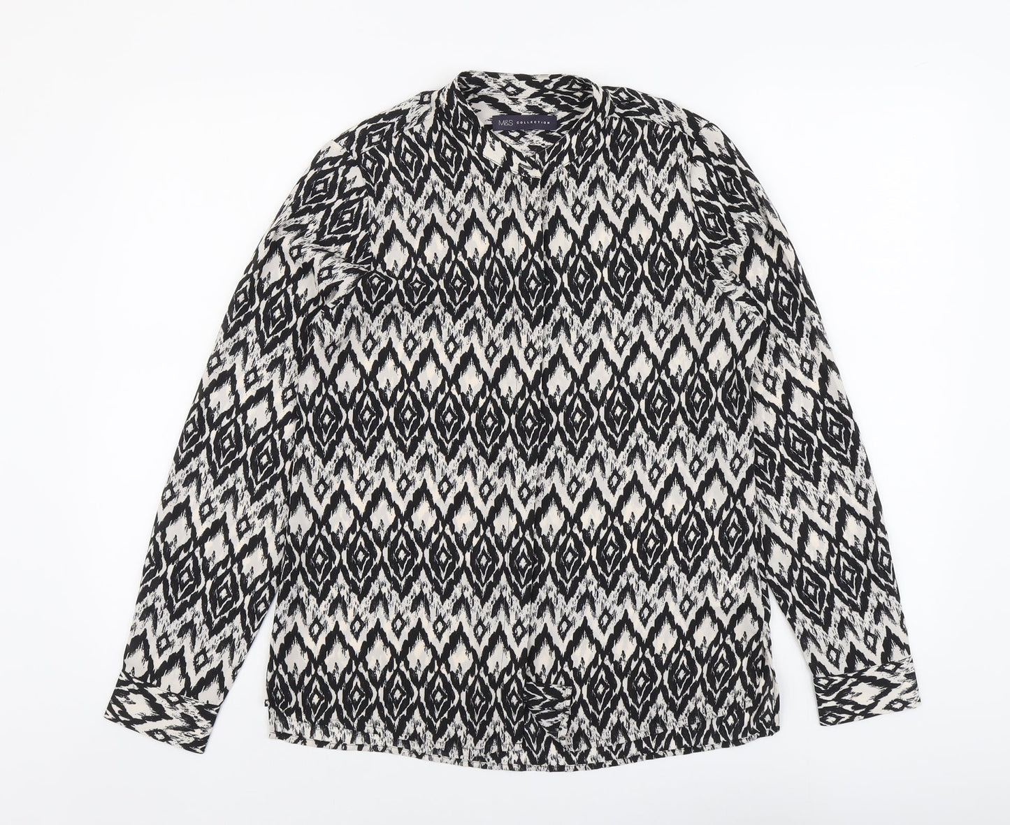 Marks and Spencer Womens Black Geometric Polyester Basic Button-Up Size 10 Round Neck