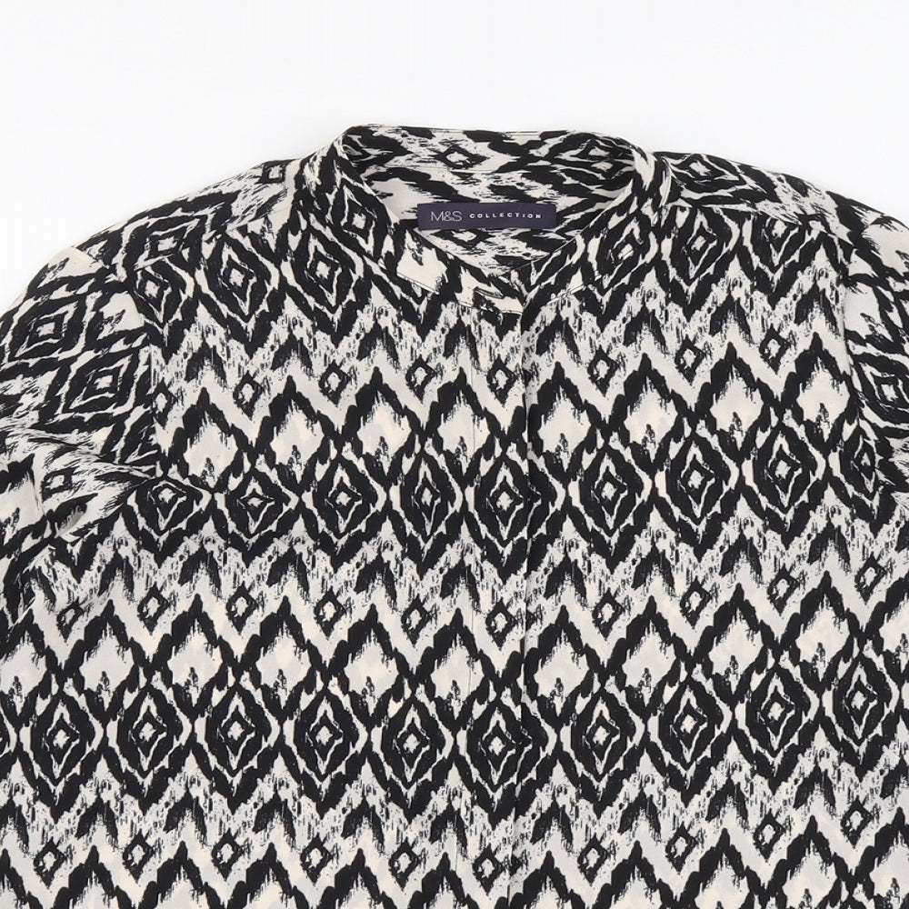 Marks and Spencer Womens Black Geometric Polyester Basic Button-Up Size 10 Round Neck