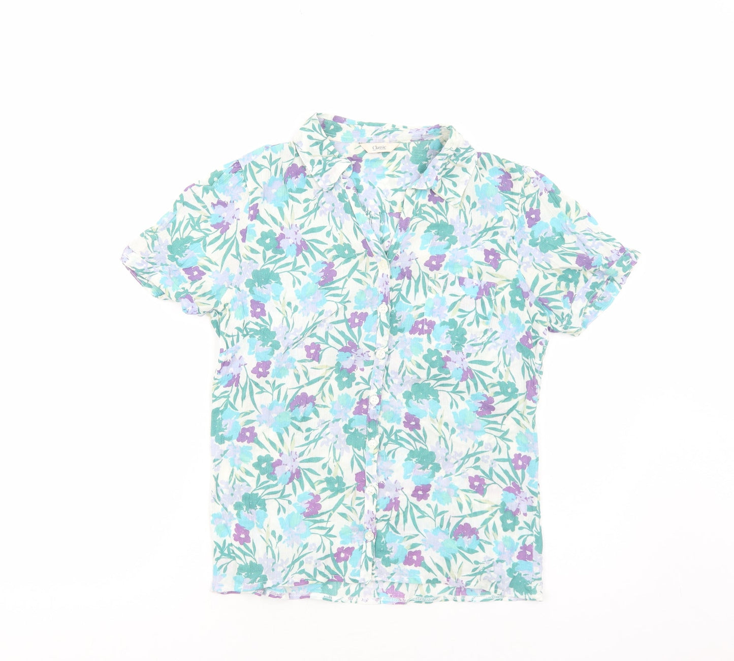 Marks and Spencer Womens Green Floral Viscose Basic Button-Up Size M Collared