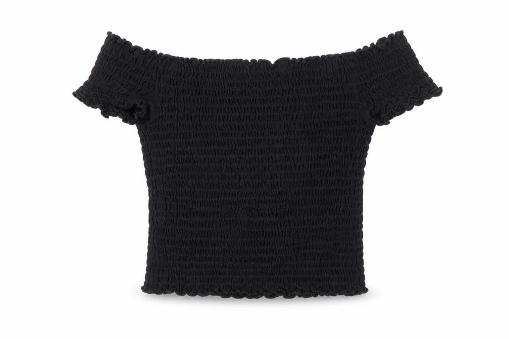 Preworn Girls Black Cotton Cropped Blouse Size 7 Years Off the Shoulder Pullover - Shirred Bardot