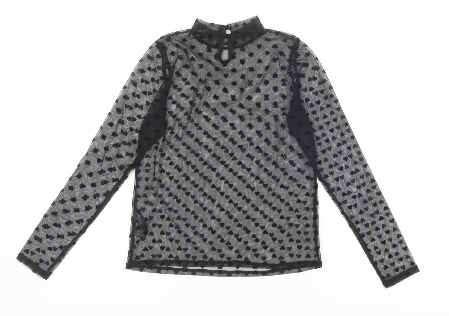 V By Very Womens Black Geometric Polyester Basic T-Shirt Size 8 Mock Neck - Heart Pattern