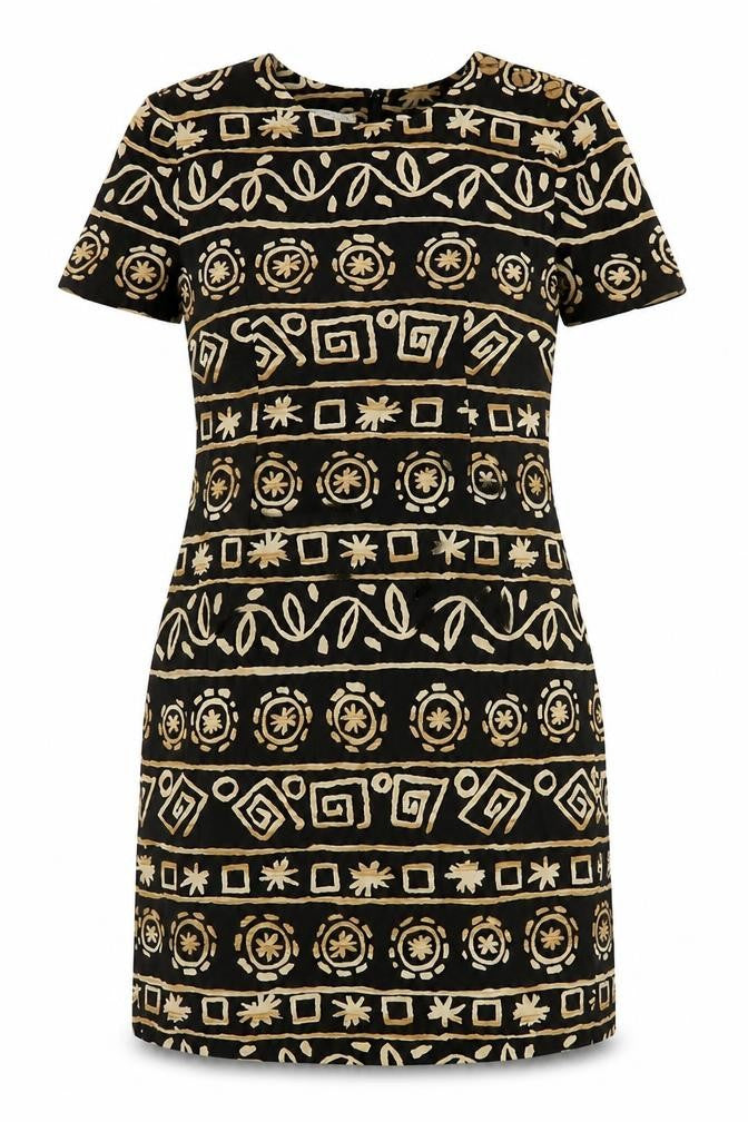 Maggy London Womens Black Geometric Silk A-Line Size 8 Round Neck Zip