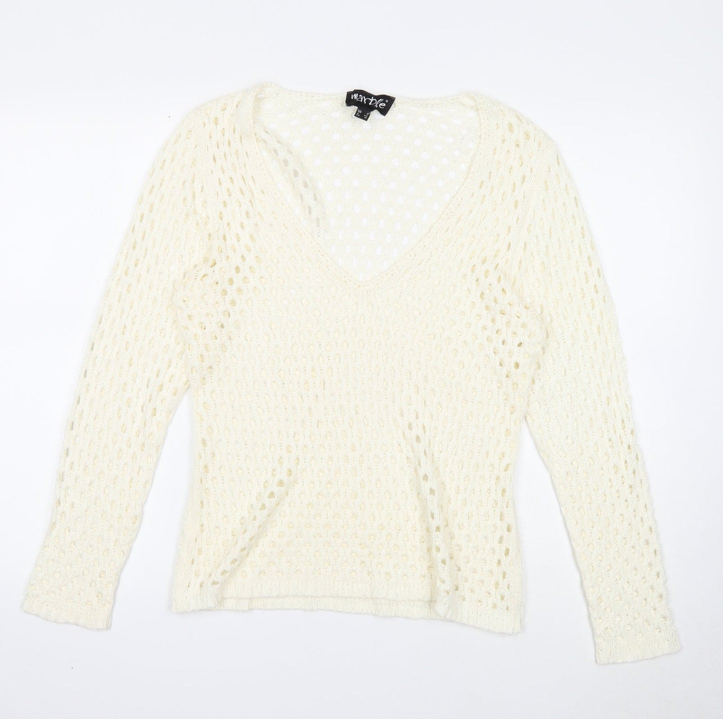 Marble Womens White V-Neck Acrylic Pullover Jumper Size 4