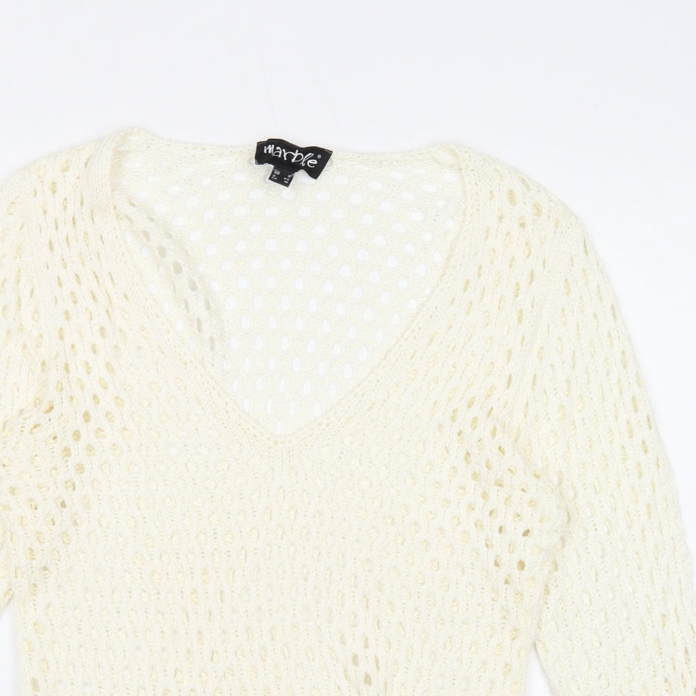 Marble Womens White V-Neck Acrylic Pullover Jumper Size 4