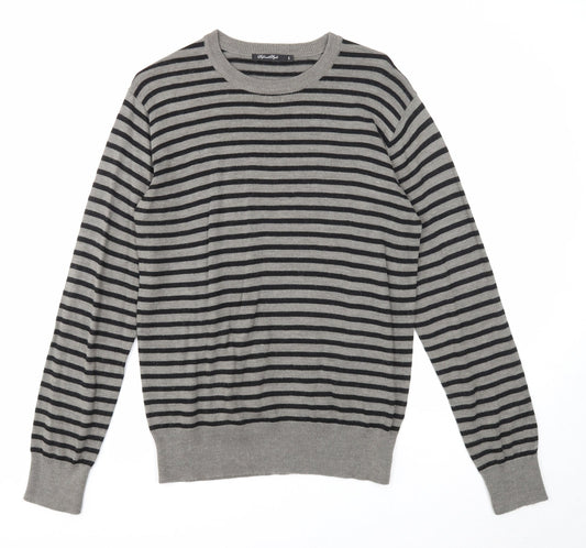 Defended Style Mens Grey Round Neck Striped Acrylic Pullover Jumper Size S Long Sleeve