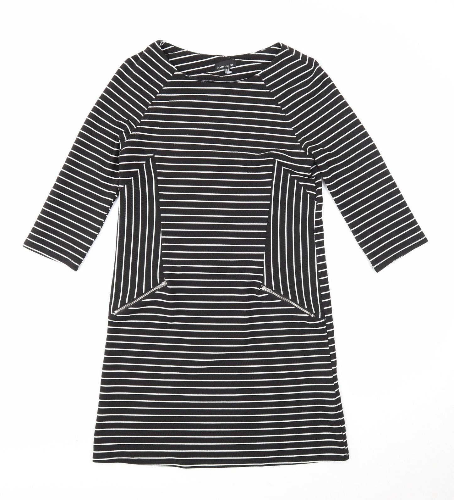 Warehouse Womens Black Striped Polyester A-Line Size 10 Round Neck Zip