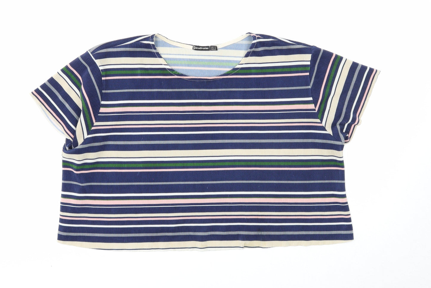 Stradivarius Womens Blue Striped Polyester Cropped T-Shirt Size M Scoop Neck