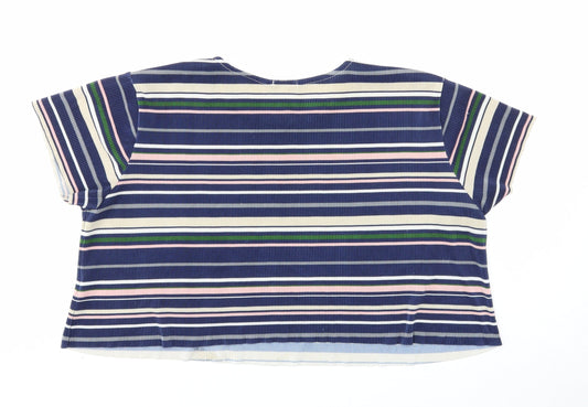 Stradivarius Womens Blue Striped Polyester Cropped T-Shirt Size M Scoop Neck