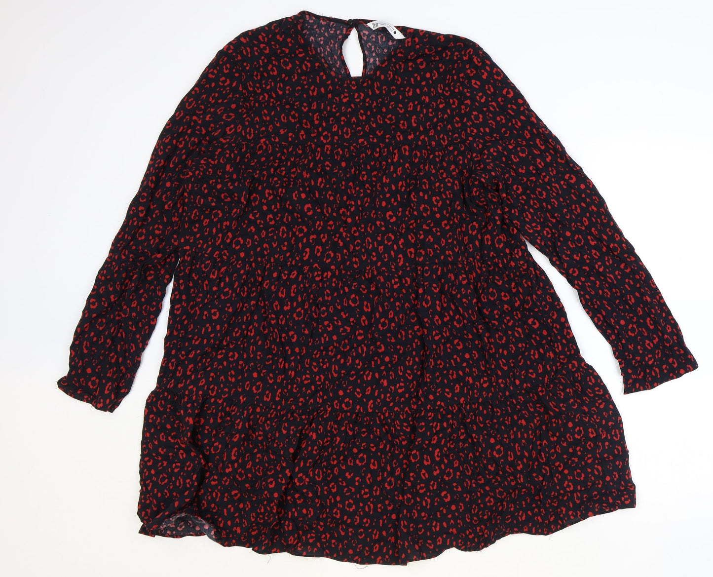 Zara Womens Black Geometric Viscose A-Line Size M Round Neck Button