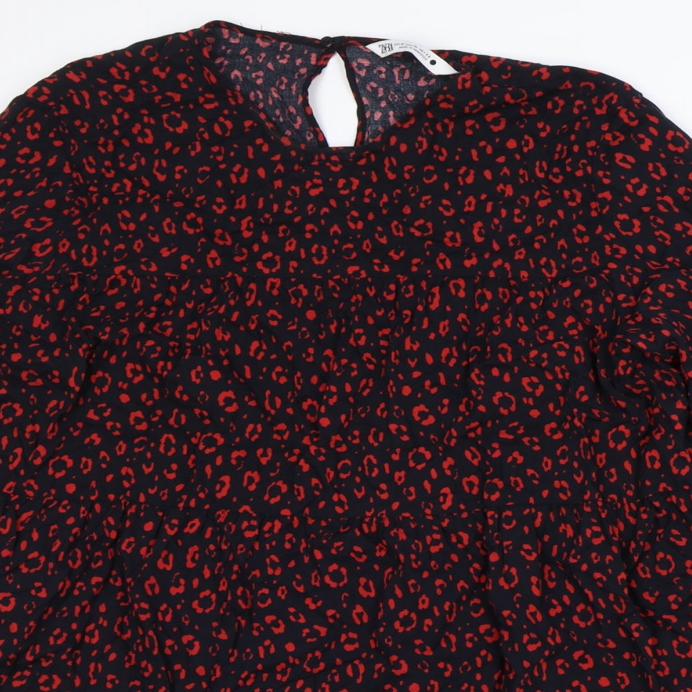 Zara Womens Black Geometric Viscose A-Line Size M Round Neck Button