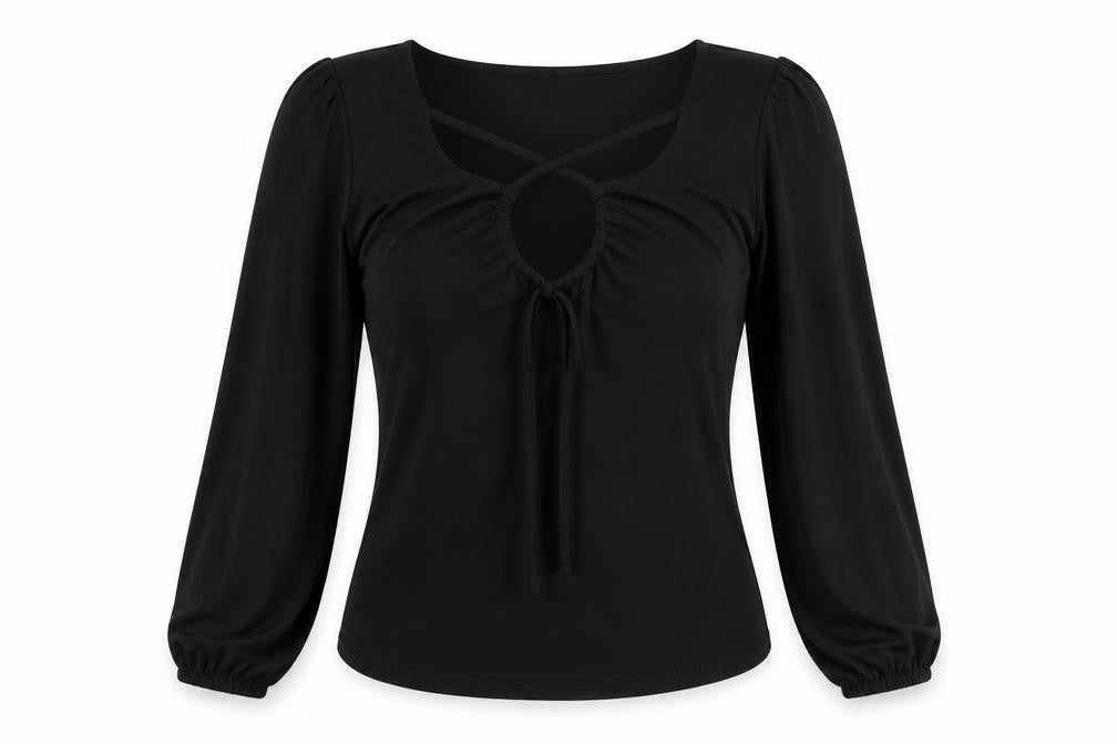 Por Moi Womens Black Polyester Basic Blouse Size 8 V-Neck