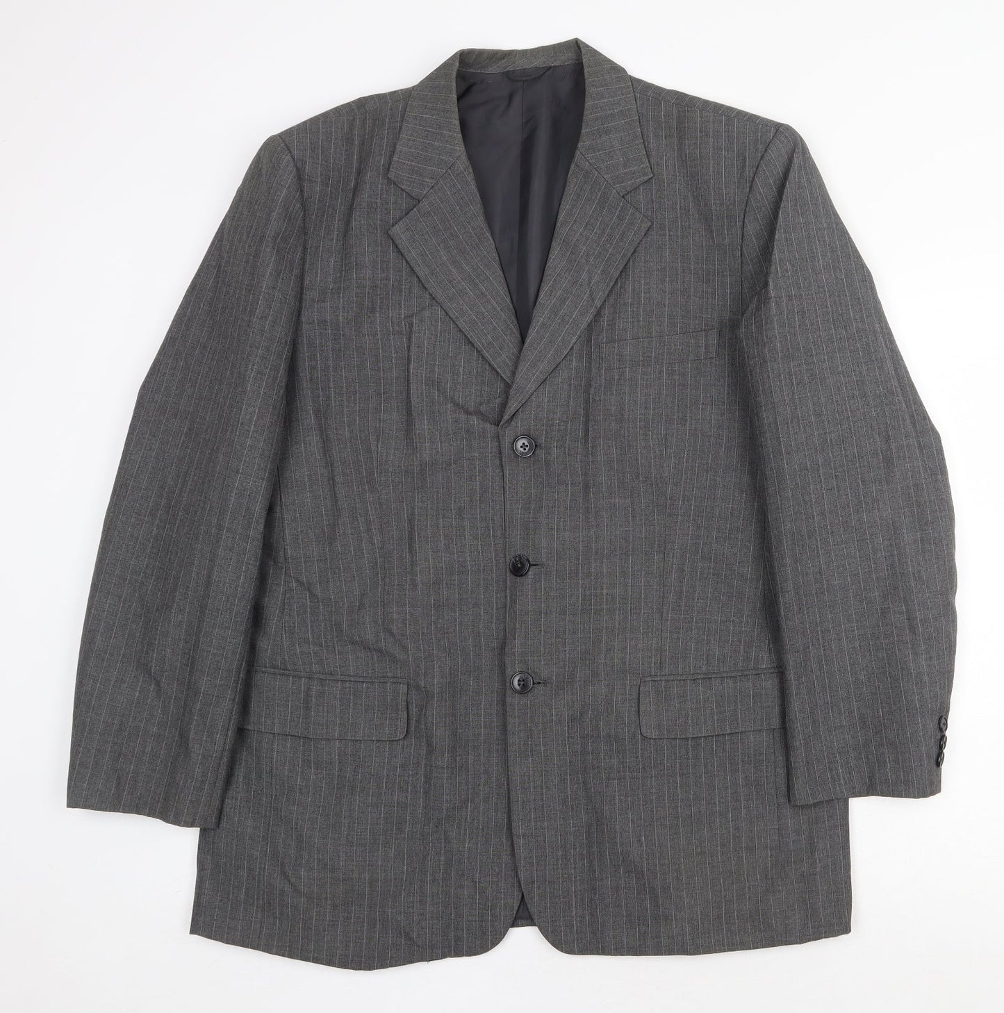 Preworn Mens Grey Striped Polyester Jacket Suit Jacket Size 42 Regular