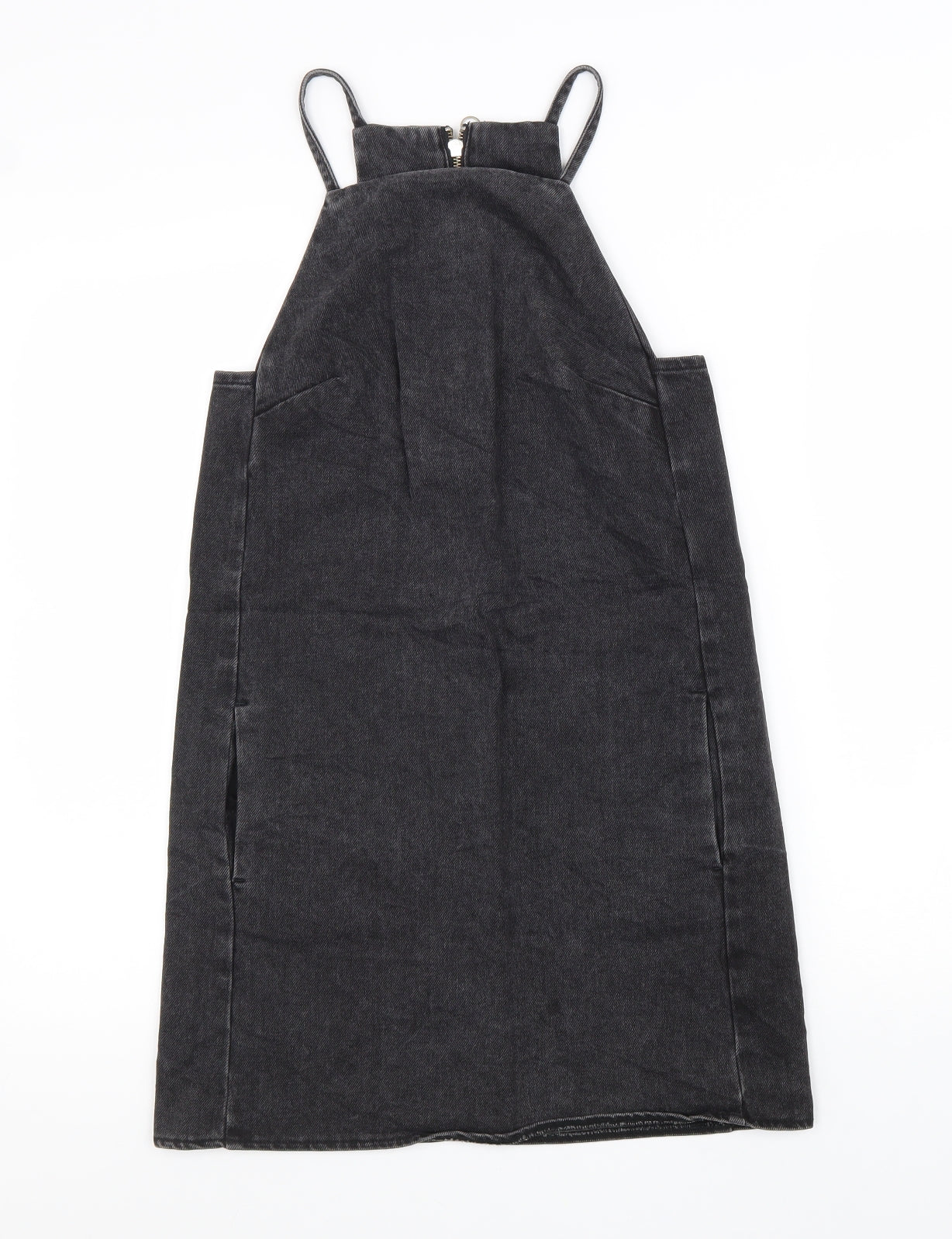 Topshop Womens Black Cotton Pinafore/Dungaree Dress Size 6 Square Neck Zip