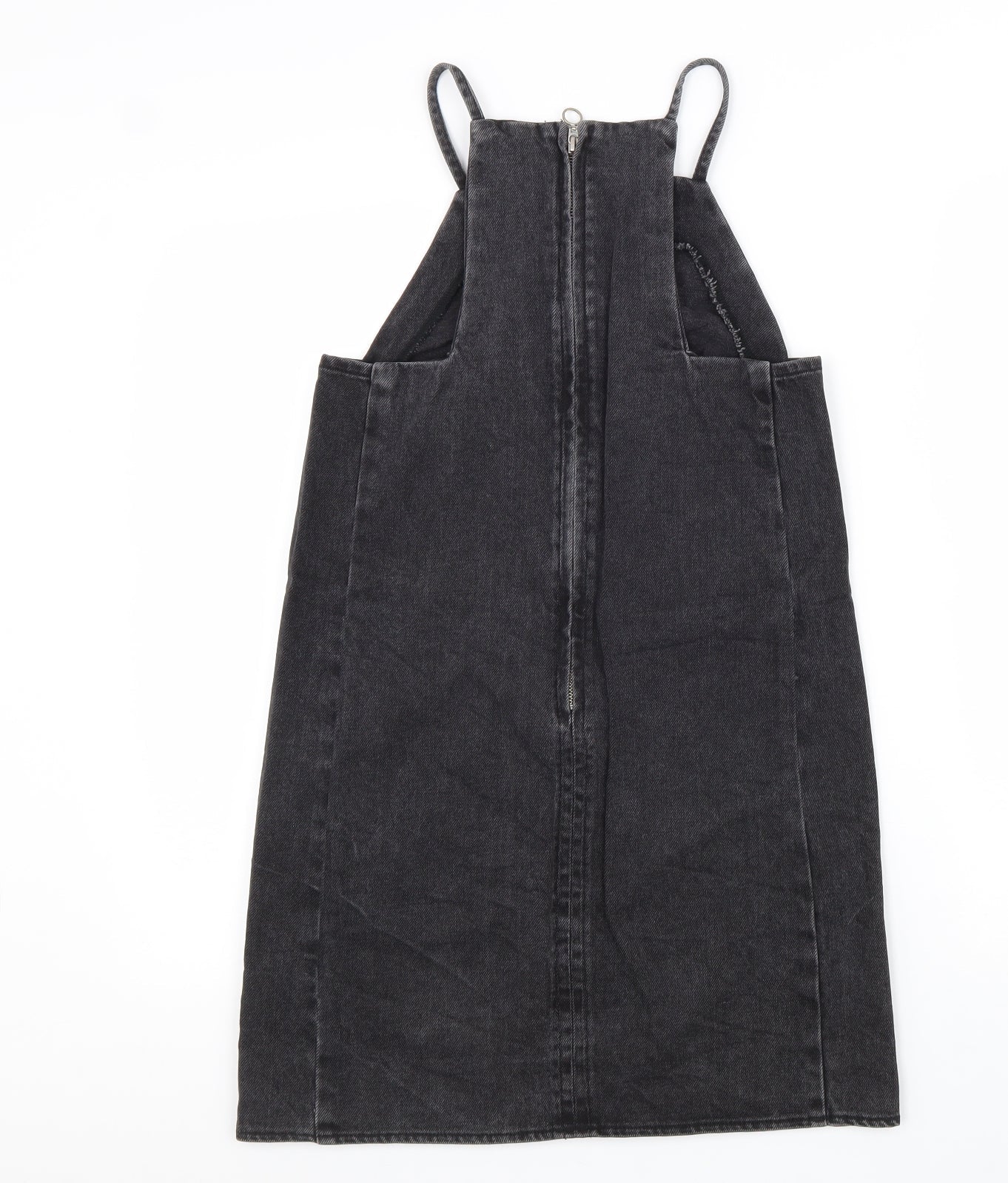 Topshop Womens Black Cotton Pinafore/Dungaree Dress Size 6 Square Neck Zip