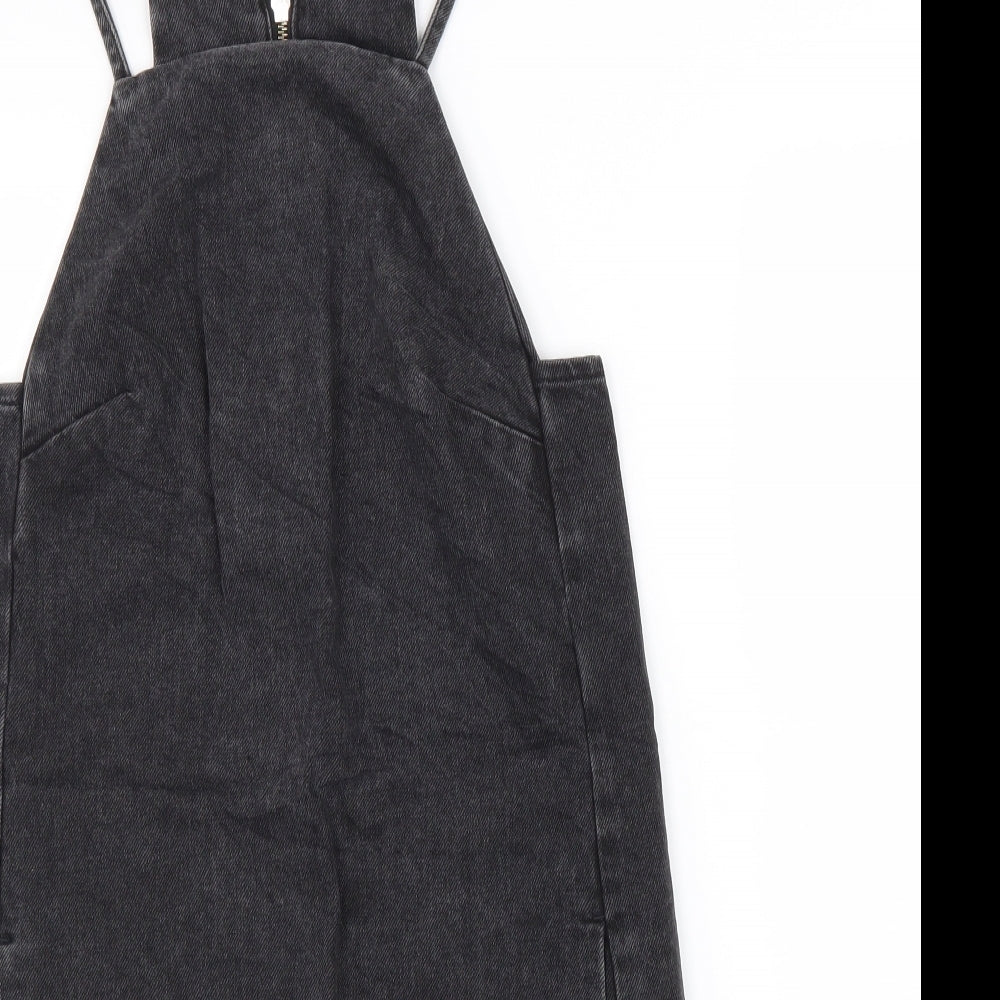Topshop Womens Black Cotton Pinafore/Dungaree Dress Size 6 Square Neck Zip