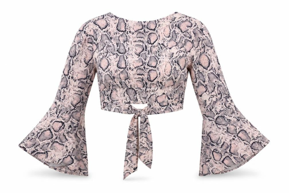 Preworn Womens Pink Animal Print Polyester Cropped Blouse Size S Round Neck - Snake Print